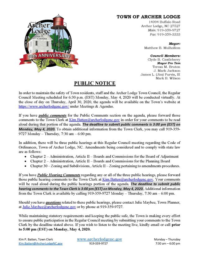 Town Of Archer Lodge North Carolina Virtual Town Council Meeting Public Notice Monday May 4