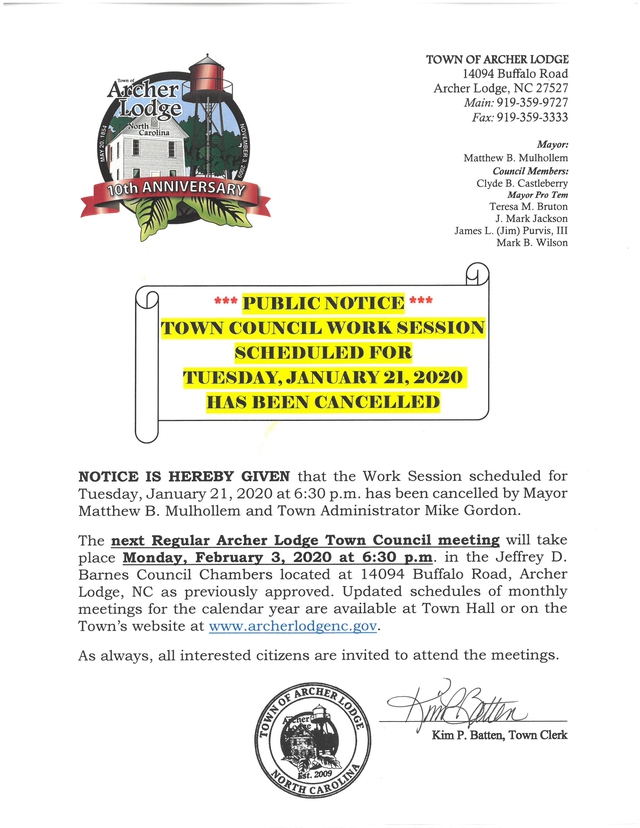 Town Of Archer Lodge North Carolina Town Council Work Session Cancelled Tuesday January 21